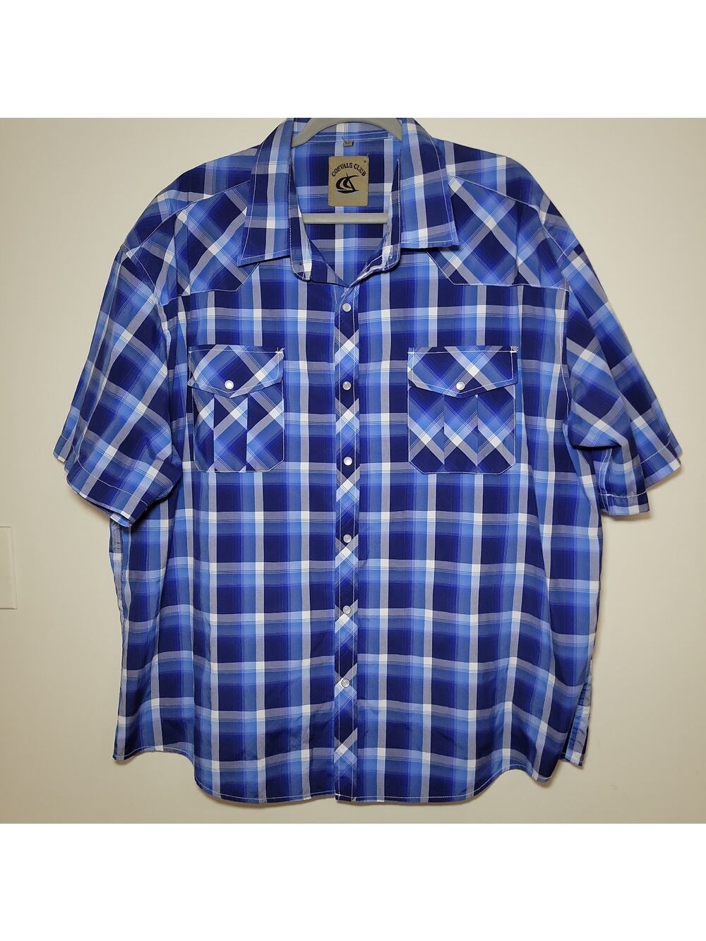Men's 3XL Short Sleeve Pearl Snap Button Down Blue Plaid Western Rodeo Cowboy